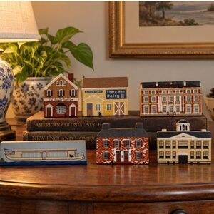 VTG Cat's Meow Village Wood Shelf Sitters Signed Faline 1990s Lot of 6